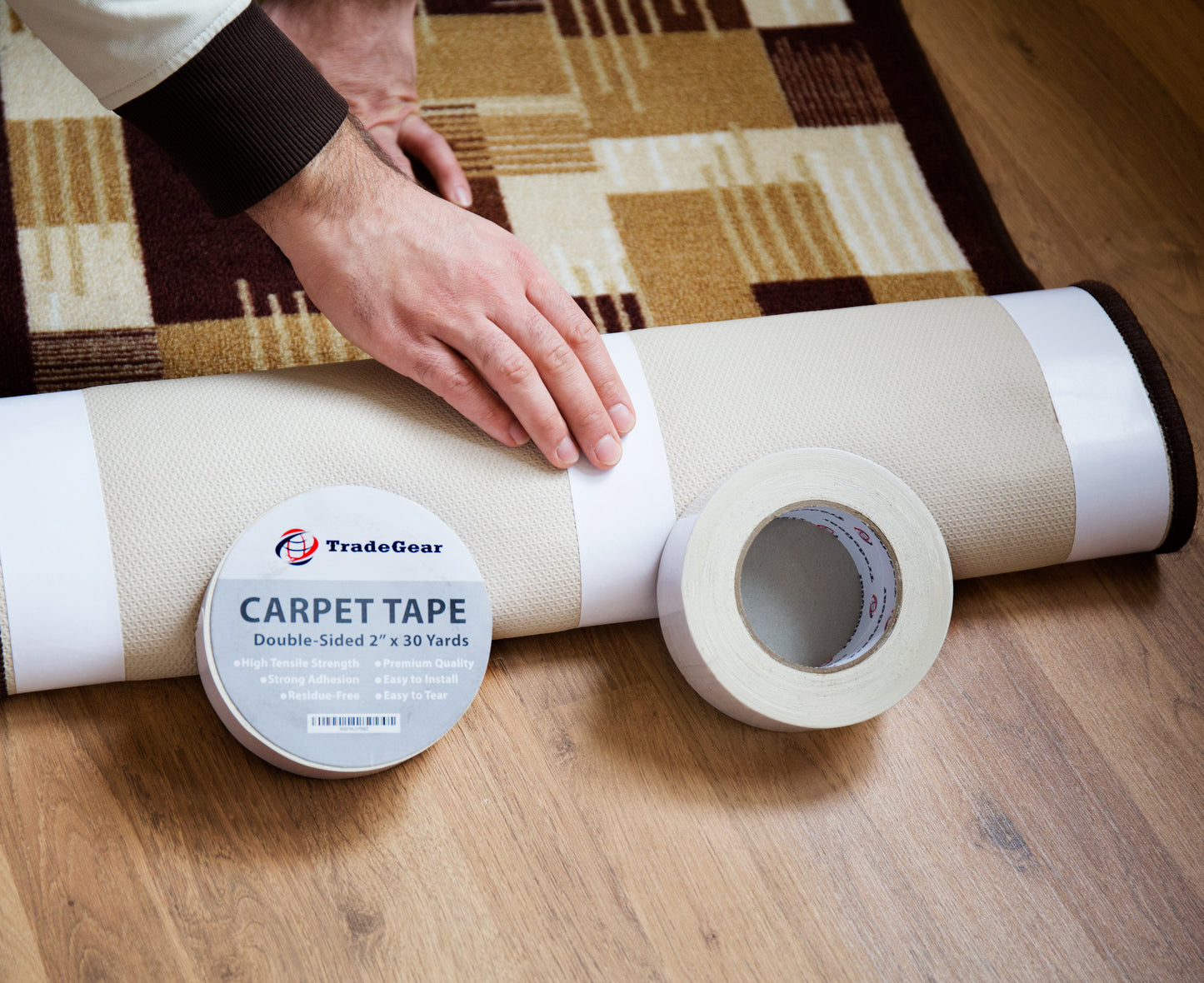 TradeGear Double Sided Carpet Tape - 2” x 30 Yards High Tensile Strength Rug Tape, Strong Adhesion, Durable, Residue Free, Easy to Install & Peel Off - TradeGear